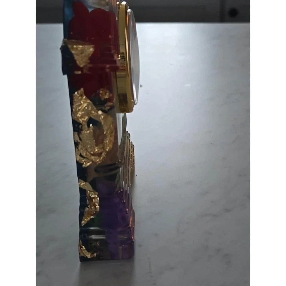 Handmade‎ Resin Desk Clock Decoration Gift Clear With Multi Colored Flowers 733